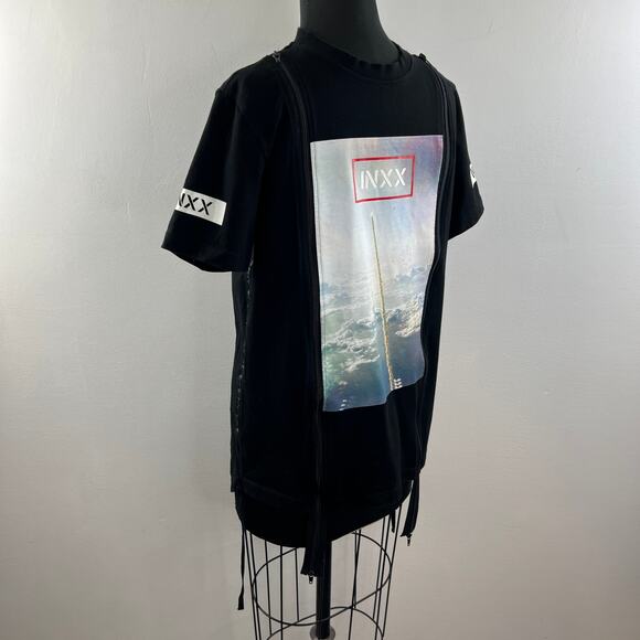 INXX Black Top Cotton Ribbed Crew Neck Graphic Front Double Zipper Size Medium M - Picture 6 of 9